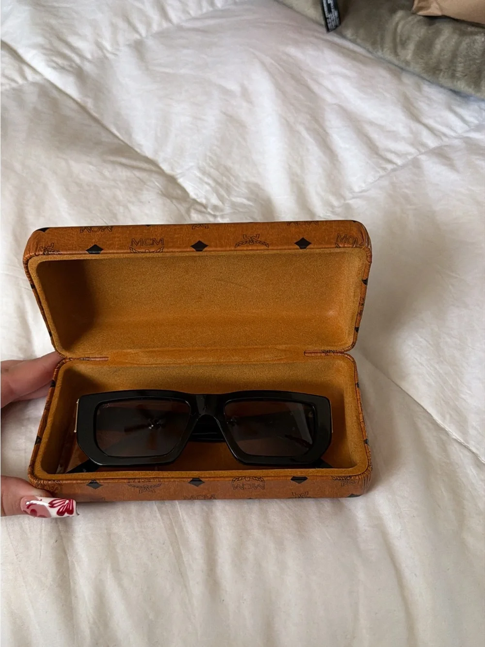 MCM Black Rectangular Sunglasses with Tan Logo Case